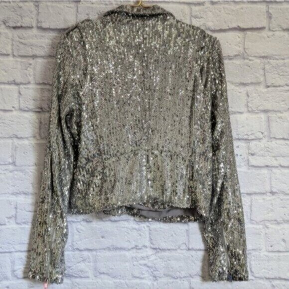 Generation Love Sequin Moto Jacket S NEW Silver Sparkle Glam Holiday Biker Chic - Picture 6 of 10
